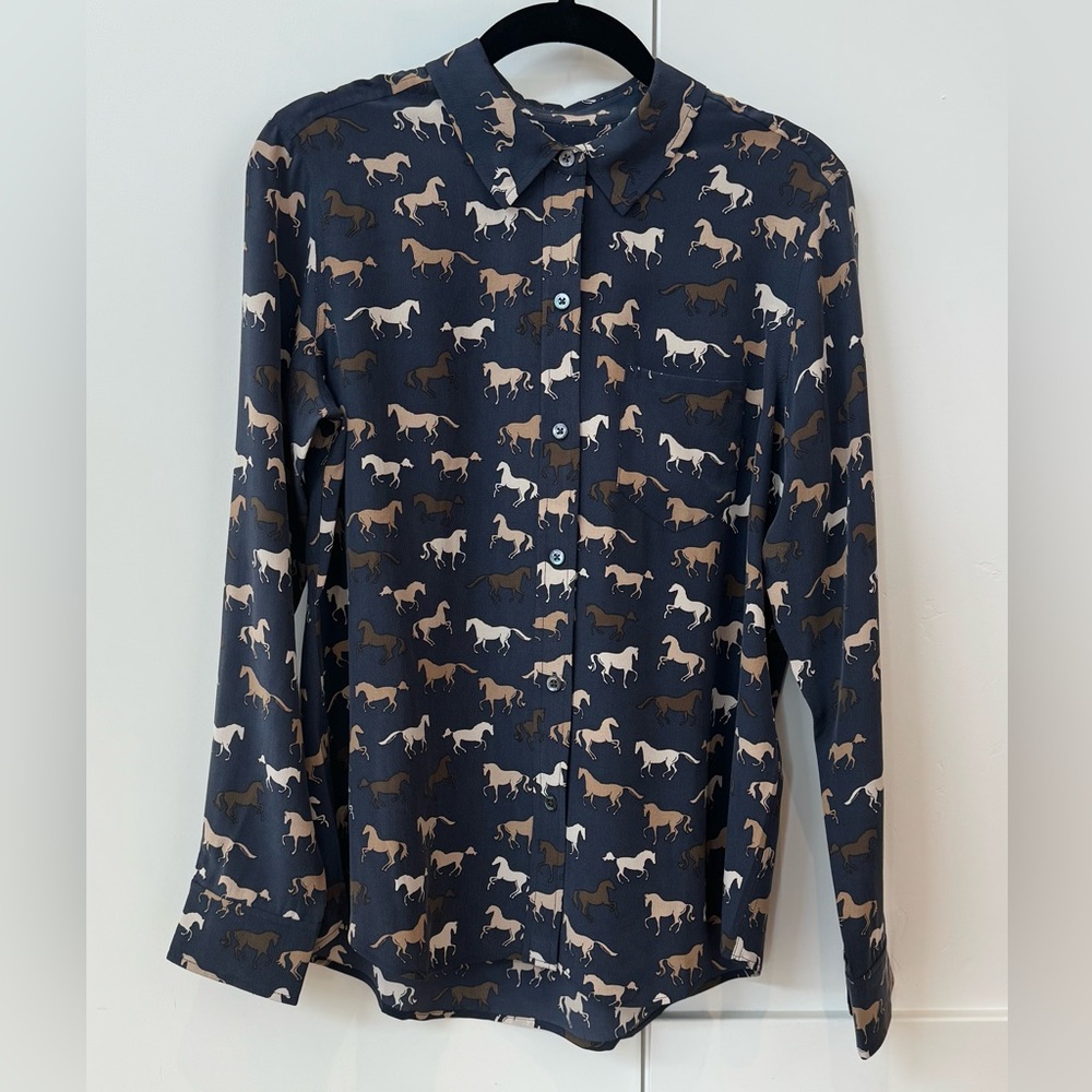 NWT Rails Kate Horses Print Silk Shirt - Gray and Brown